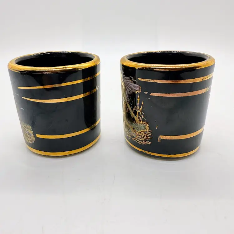 Vintage Greek Shot Glasses Black 24K Gold Parthenon Poseidon Collectible Barware