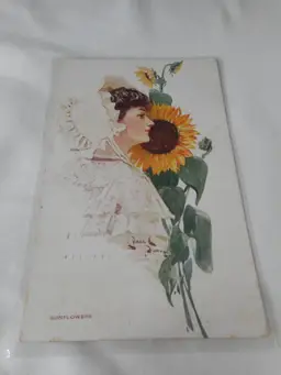 Vintage Postcard woman 1911 posted w/ stamp pretty lady Sunflower