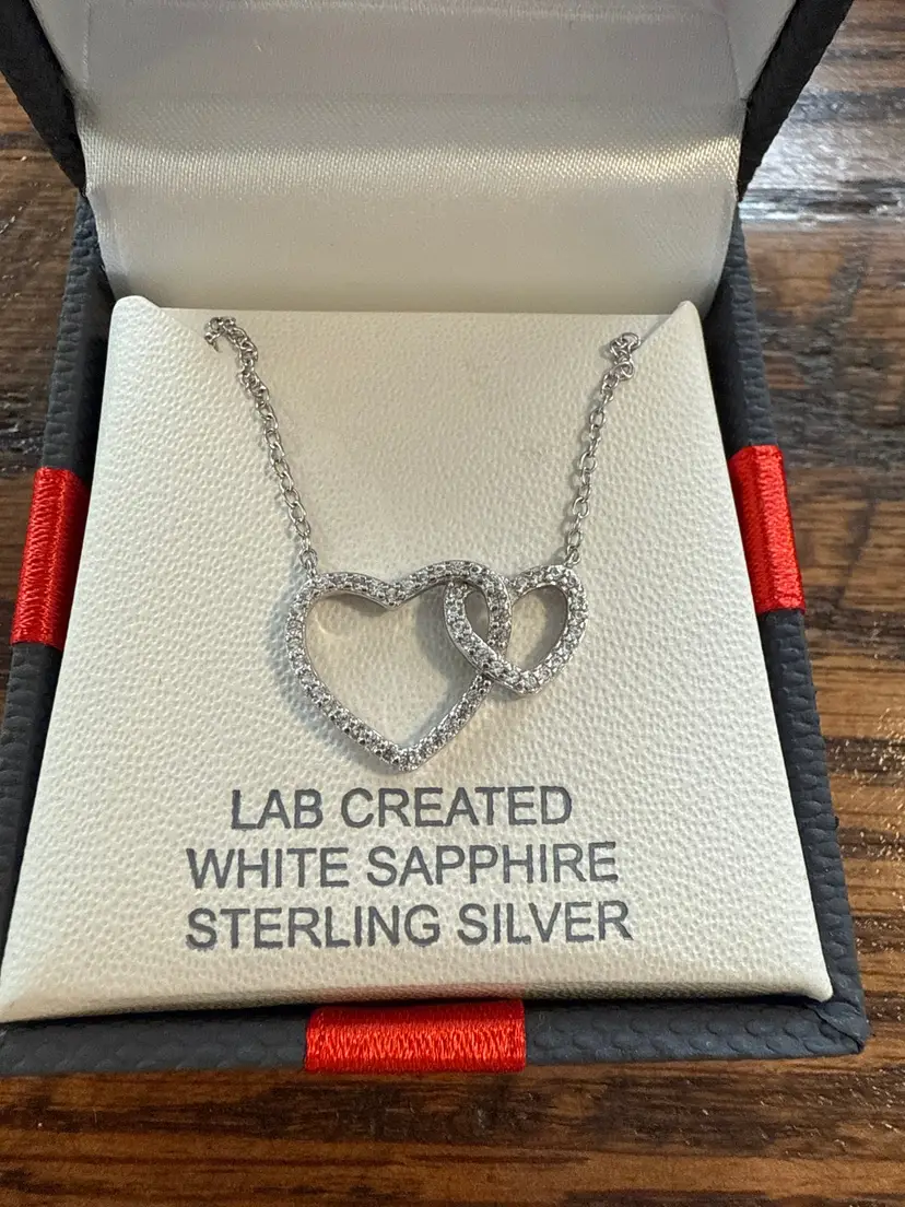 White Sapphire Sterling Silver Double Heart Necklace 925