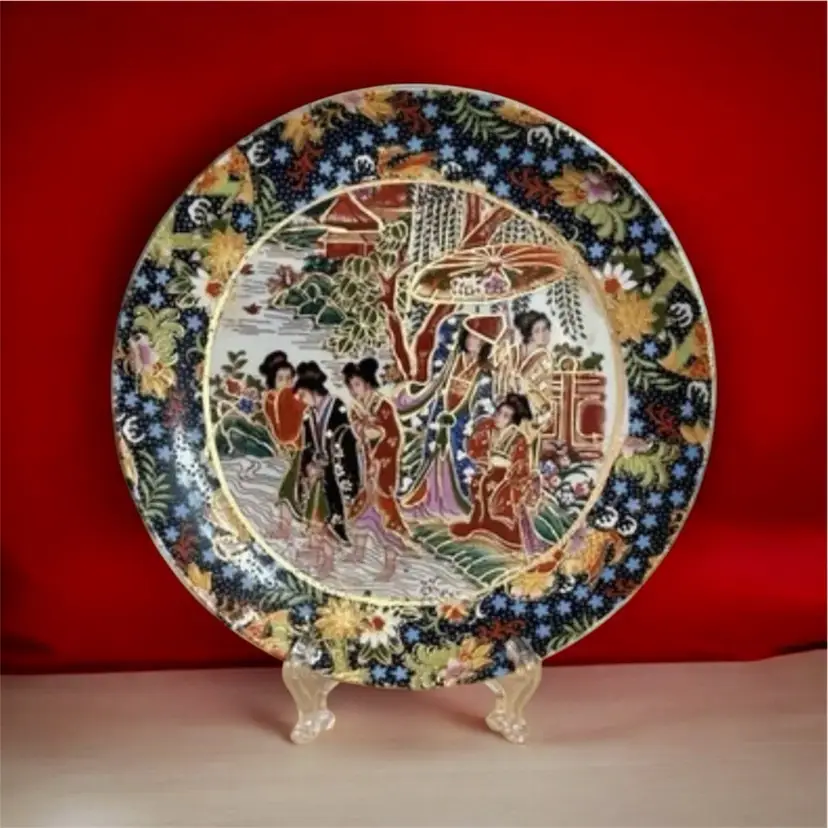 Vintage Japanese Moriage Decorative Plate 8.25” Gilded Hand Painted Geisha Nature Scene