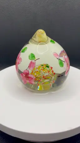 Hand Crafted Art Glass Paperweight Pink Cherry Blossoms In Teardrop Peach Shape