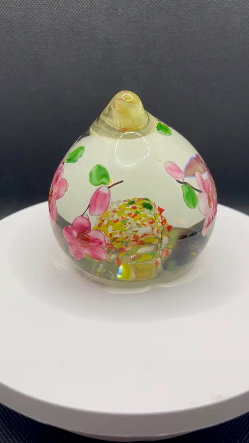 Hand Crafted Art Glass Paperweight Pink Cherry Blossoms In Teardrop Peach Shape