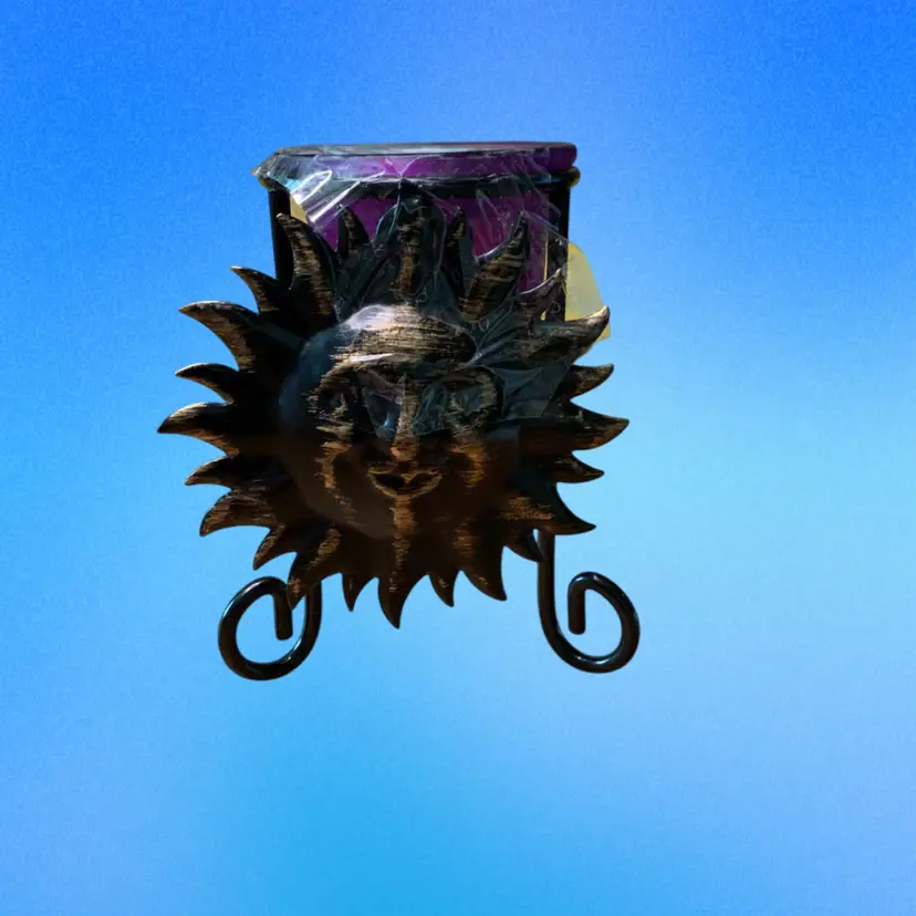 08. Vintage Celestial Small Black Metal & Gold Brushed Sun Face Tea Light Candle Holder/Votive with Purple Glass Insert/Boho Celestial/4.25”Tall