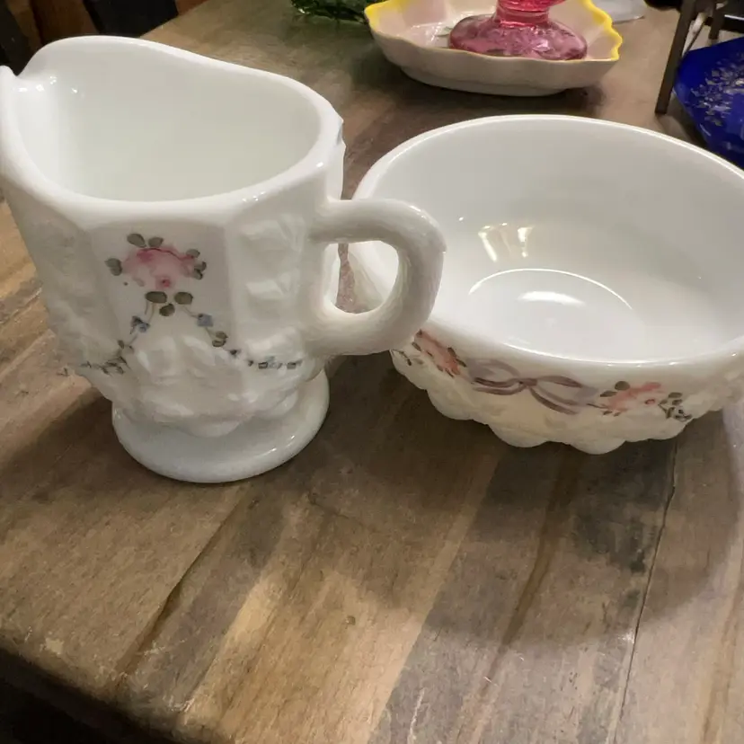 Westmoreland Hand Painted Milk glass Open Sugar And Creamer Set