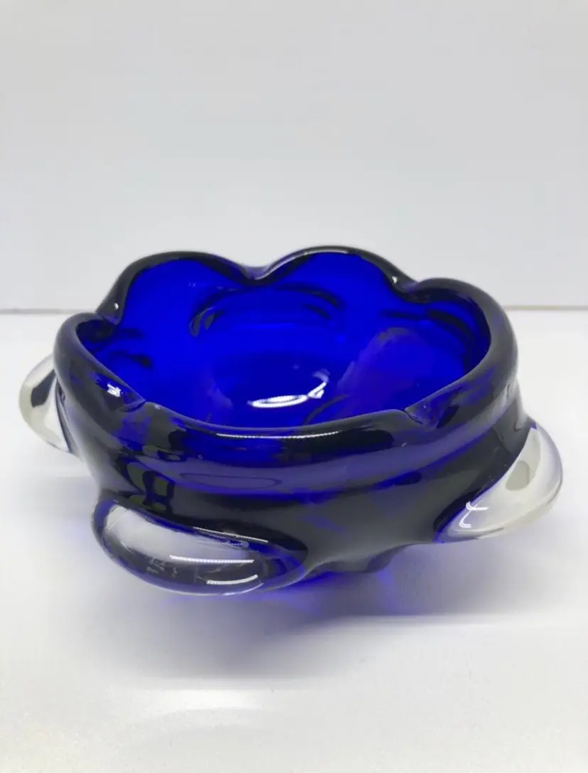 Hand-Blown Bohemian Art Glass Cobalt Blue Ashtray / Trinket Dish