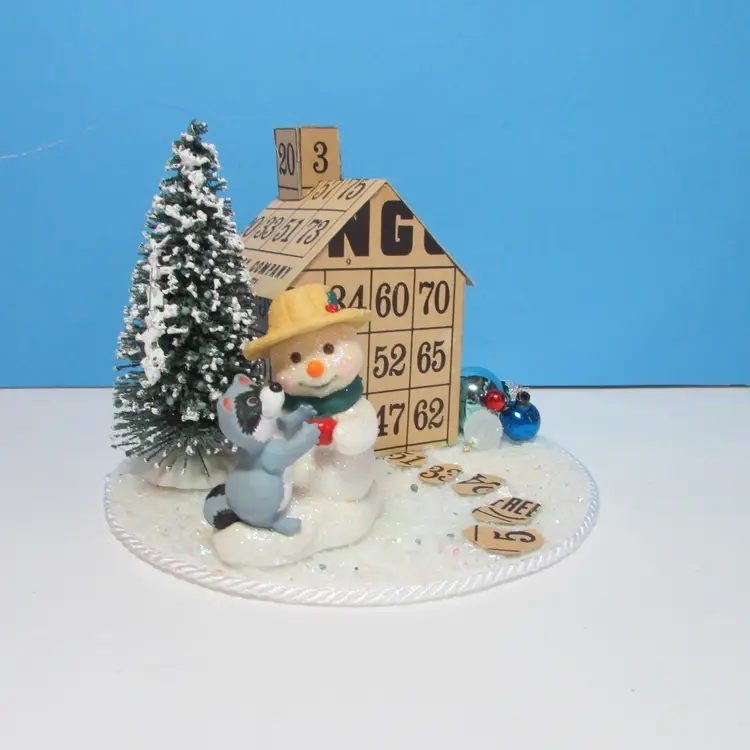vintage crafted Bingo card house snowman and raccoon Christmas winter scene