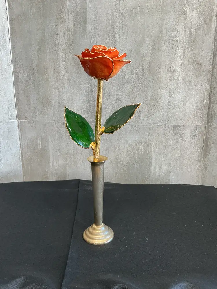 handcrafted enameled long stem rose burnt orange with green leaves and 24k gold trim 1970s-90s