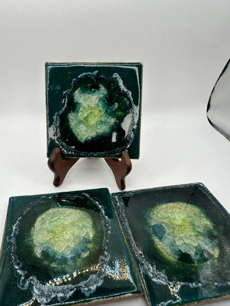 Crystalline Crackle Glass and Pottery Coasters (3) - Made in USA.