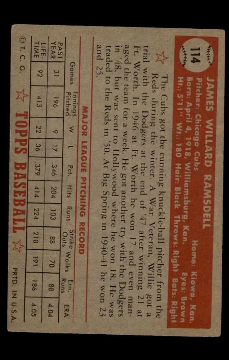 1952 Topps #114 Willard Ramsdell - (pk-tl1) - Chicago Cubs