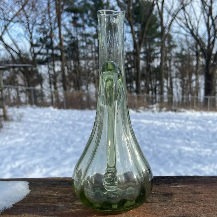 Light Green, Handblown, Swirled Glass Pitcher / Vase With Applied Handle. Not Signed. 7.25”h.