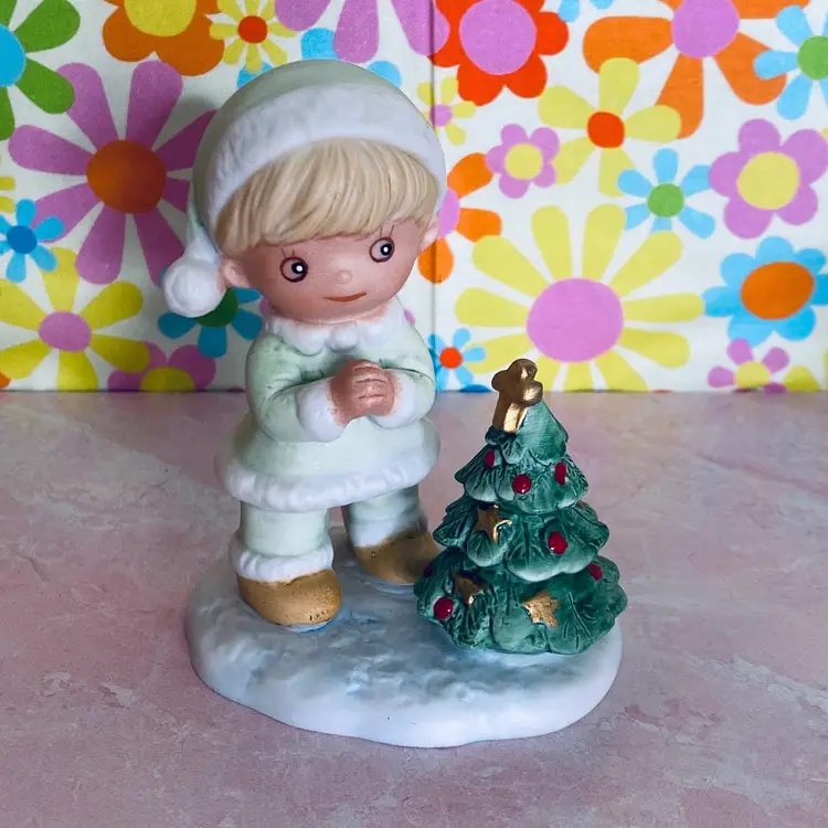 Vintage Homco Christmas Boy w/Tree Bisque Figurine