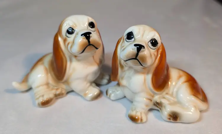 Vintage Bone China Porcelain Cocker Spaniel Dog Pups Figurines Hand Painted x 2
