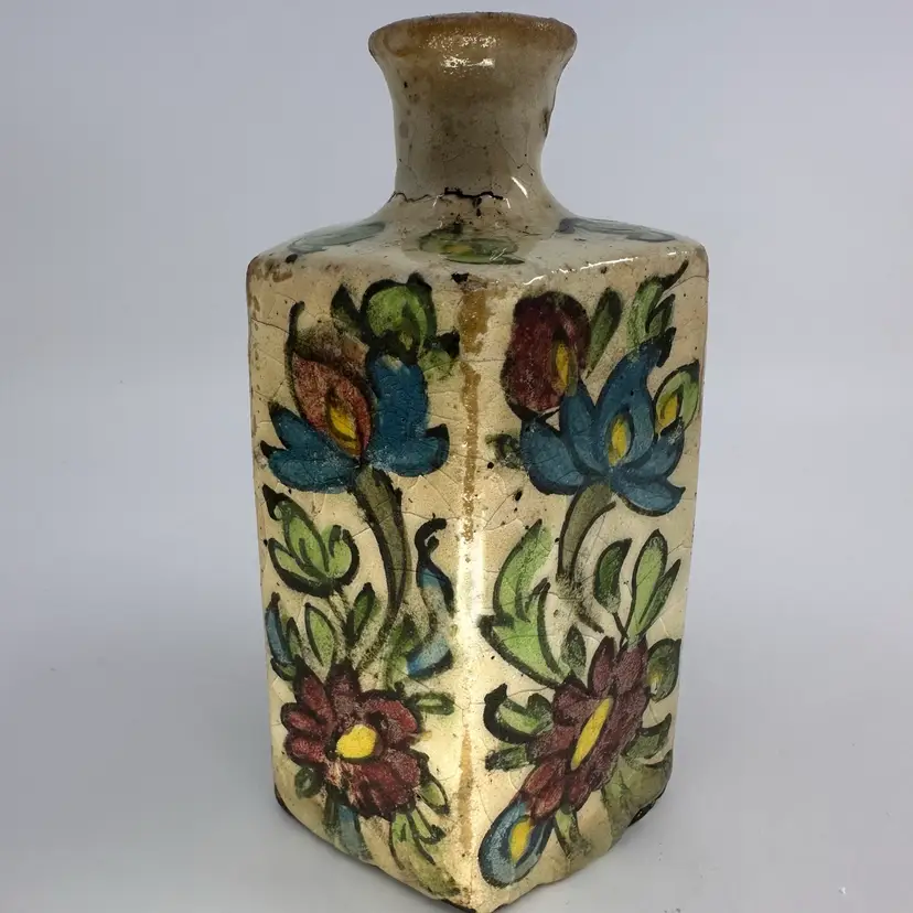 Antique Persian Qajar Iznik Bottle Flask Vase Floral Hand Painted 6.5”