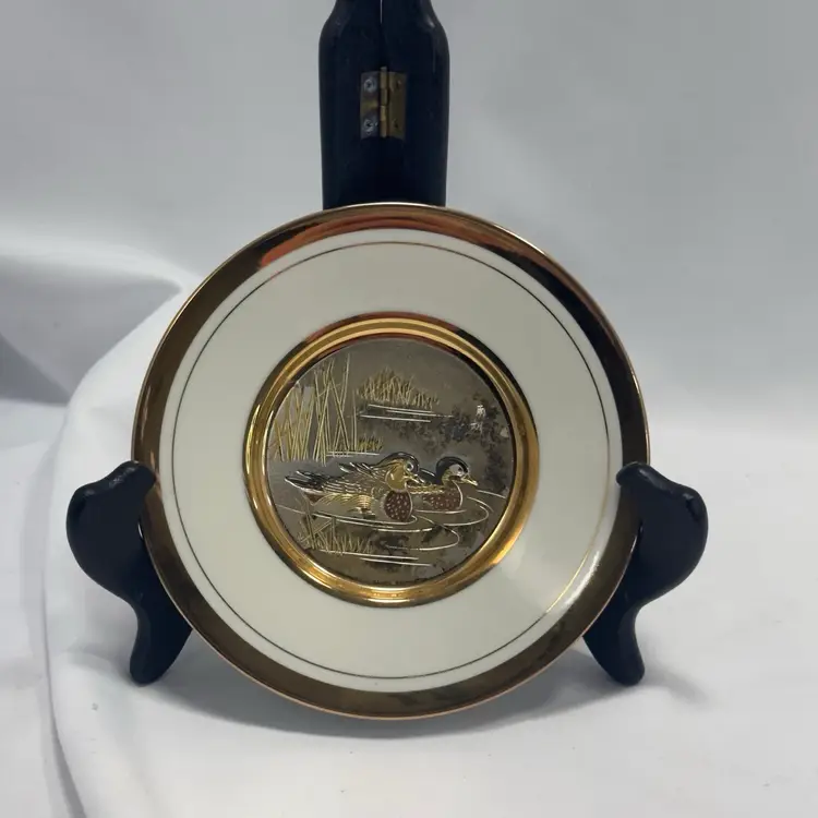 #8 Vintage, The Art of Chokin, 24K Gold Rim Porcelain Plate, 2 Swimming Ducks Mallards
