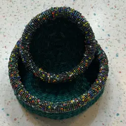 Green Baskets With Beaded Edging.  Larger Basket Is 6” Round And 2” Tall And Smaller Is 4” Round And 1 1/2” Tall