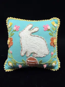 Vintage Small Decorative Easter Needlepoint Accent Pillow Bunny And Florals