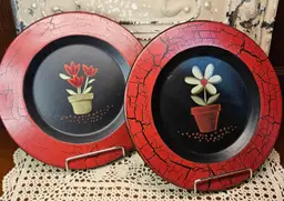 Pair of Adam's & Co Painted Signed Donna White Wooden Plates Floral Theme 10"