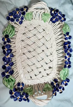 Vintage Porcelain Braided Woven 11.5" x 8.5" Breadbasket Forget-Me-Nots Signed