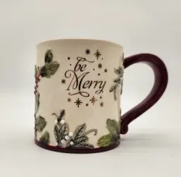 Nothing says warm and cozy quite like a cable knit sweater - and this cup is wearing one! Made of stoneware with a capacity of 18 ounces, this mug means business! Measurements: 4 1/2" tall, 4" in diameter across at rim Features: Dishwasher Safe, Microwave Safe, Suitable for Hot Beverages, Decorated Keywords: Pfaltzgraff, Winterberry, Mug, Christmas, Holiday, Merry Everything, Red, Cable Knit, Ceramic, Dishwasher Safe, Microwave Safe, Coffee Cup, Tea Cup, Winter, Gift From a Smoke Free Environment. Item shown is the exact item you will receive. Ships from Northeast Ohio.