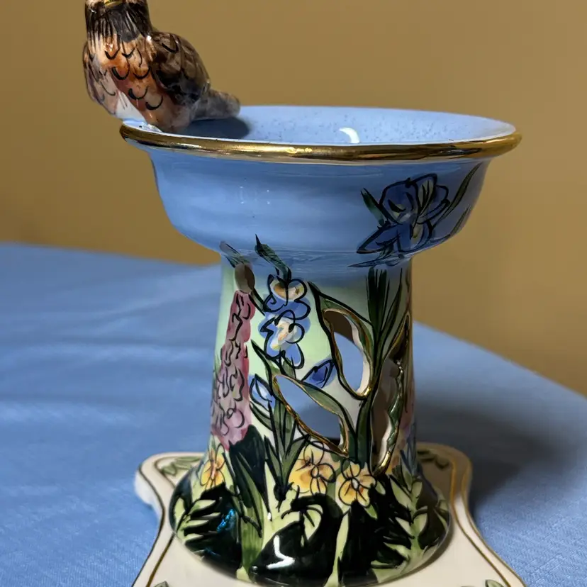 Blue Sky Heather Goldminc Tealight Wax Warmer Birdbath 2002 ROBINS SONG w/plate