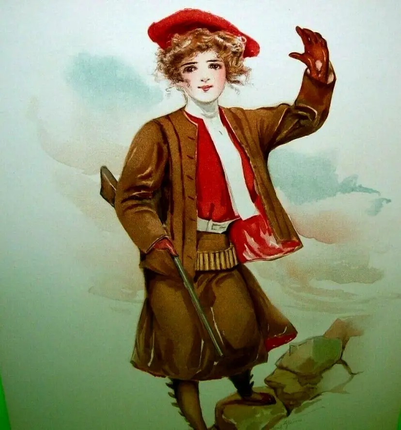 Victorian Art Print Women Hunter Rifle Original 13" Lithograph 1908 Maud Stumm