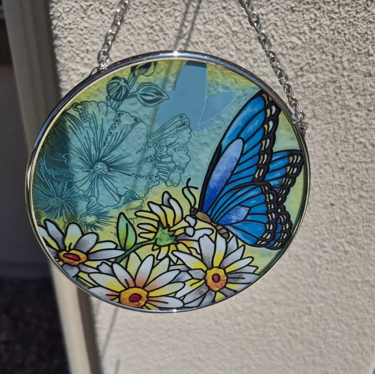 Handcrafted Glass Suncatcher By Bridgeton Hall With Blue Butterfly Daisies Chain
