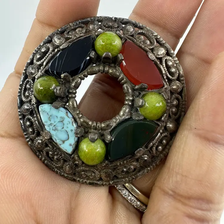 Scottish Celtic MIRACLE Multi Stone Round Brooch or Pendant Signed