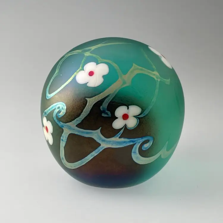 Vandermark Glass Studio Iridescent Floral Flowers Paperweight 1970s Vintage Signed