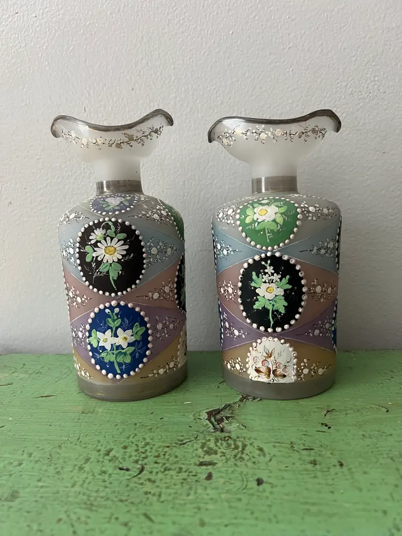 Victorian Opaline Decanter Bottles. Hand Painted Double Spout Pouring Bottles. Late 1880s. Antique European Czech Art Glass. Perfume Cologne