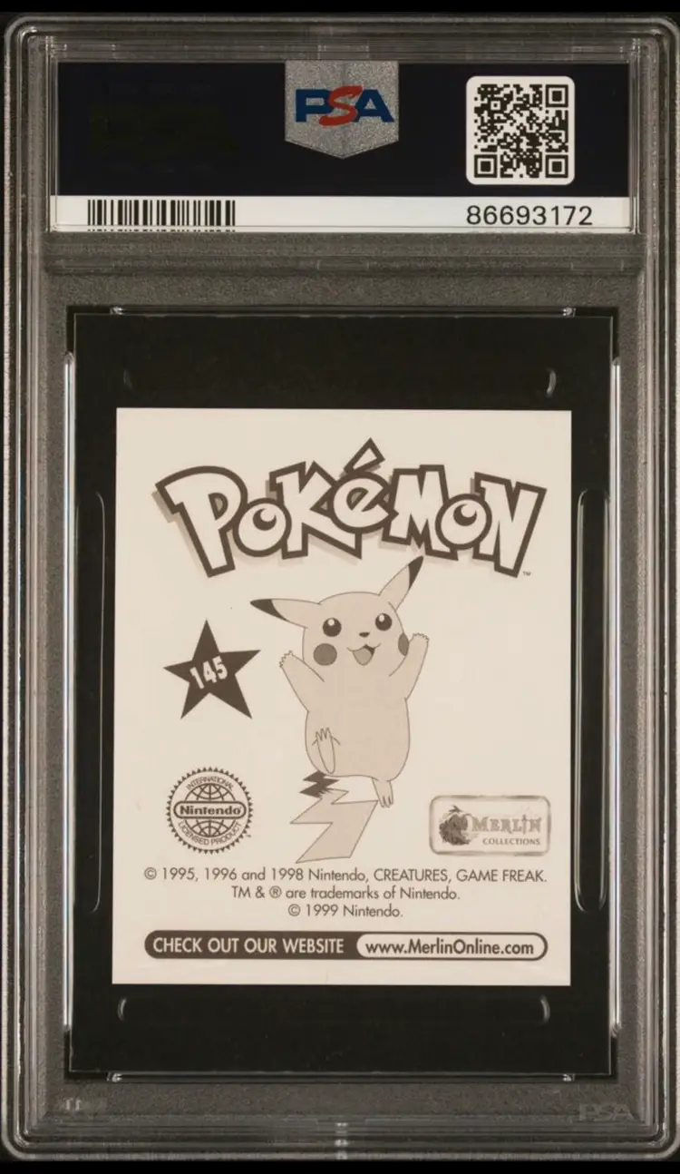 POKEMON SERIES 1, MERLIN TOPPS STICKER # 145, ZAPDOS, YEAR 1999 PSA 8