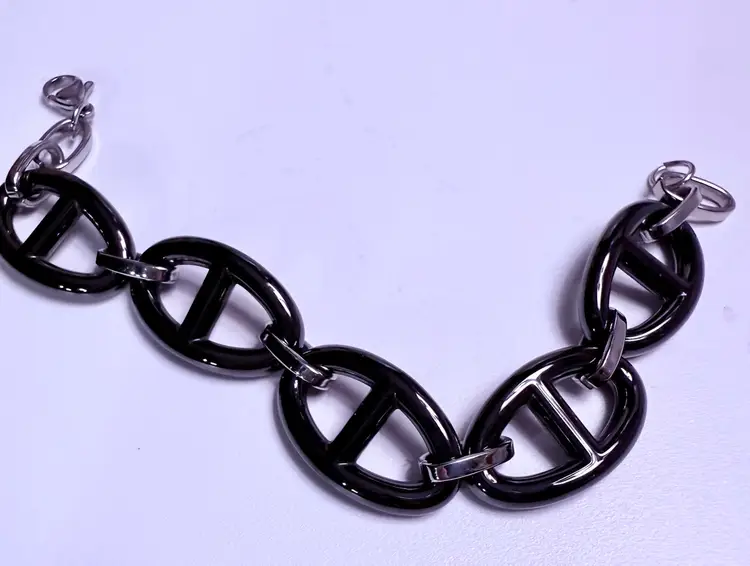 Chunky Black Anchor-Link Bracelet with Stainless-Steel Findings