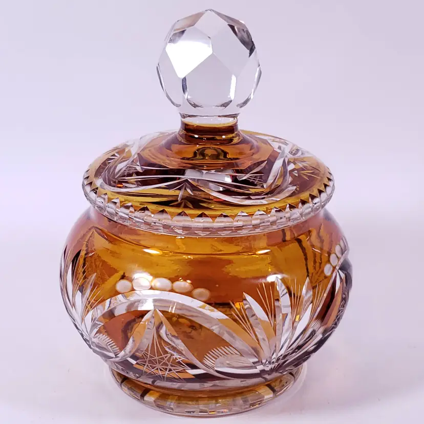 Vintage BOHEMIAN Amber Cut To Clear Lidded CRYSTAL GLASS DISH BOWL