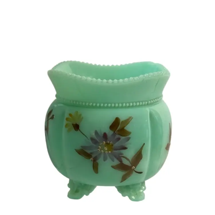 Vintage Tarentum Sugar Bowl/Vase Mint Green Uranium Glass Footed Hand Painted Flowers    Circa 1900’s  Glows 3-3/4” T x 3-5/8” x 3-1/2”  READ