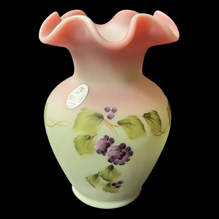 Fenton Lotus Mist Vase Hand Painted In Berry Design Numbered And Signed, Fenton Lotus Mist Burmese Vase Signed Frank M. Fenton #71 Painted By Kitty Riley