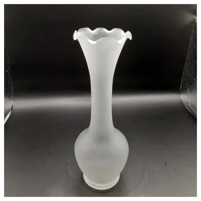 White Frosted Glass Vase with Ruffled Top Edge