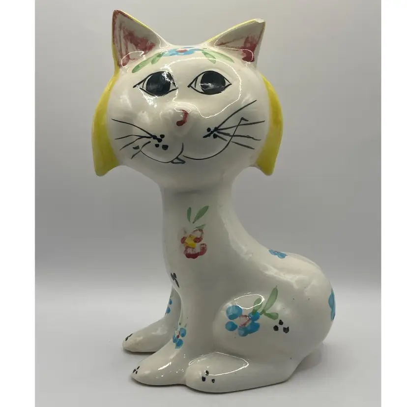 9 1/4”x 6 1/2” Kitschy Vintage Hand painted Ceramic Cat Coin Bank, READ
