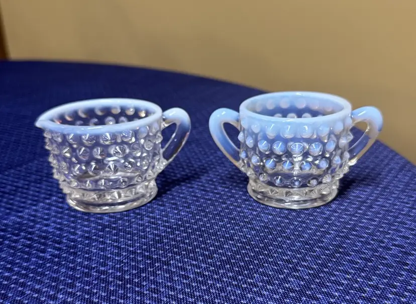 Fenton French Opalescent Glass Hobnail Creamer & Sugar Bowl Set