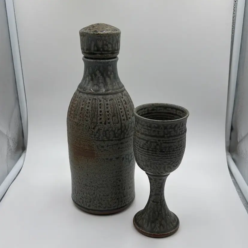 Studio Pottery Lidded Bottle / Jug & Goblet