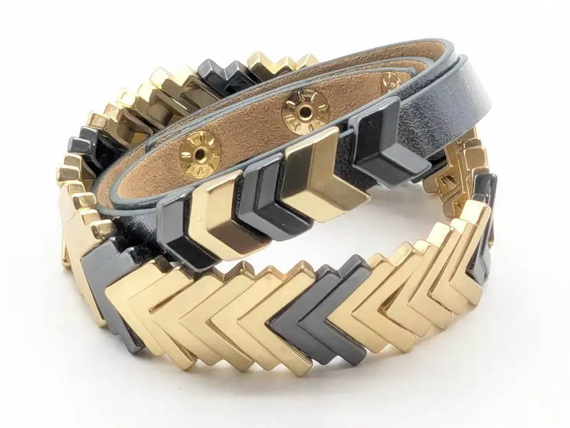 Pair Chevron Gold and Black Leather Wrap and Stretch Bracelet