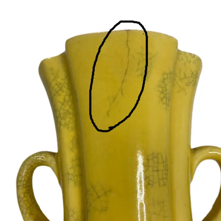 Butterfly Handle Yellow Vase Vintage Cottage Core Shabby Decor READ.  Heavy crazing noted over the majority of the vase and two cracks