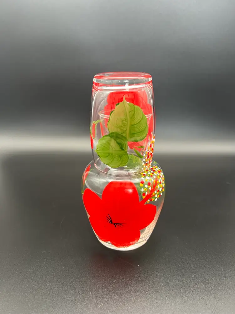 Hand Painted Tumble Up Red Flowers Green Leaves 7 1/2” Tall