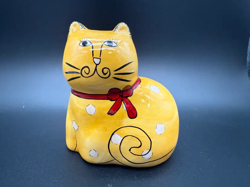 Enesco 1983 Ceramic Yellow Cat Red Ribbon By Susan Marie McChesney