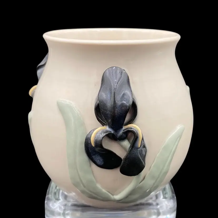 Vintage Studio Art Pottery Applied Black Irises Vase, Signed: Kloock '89