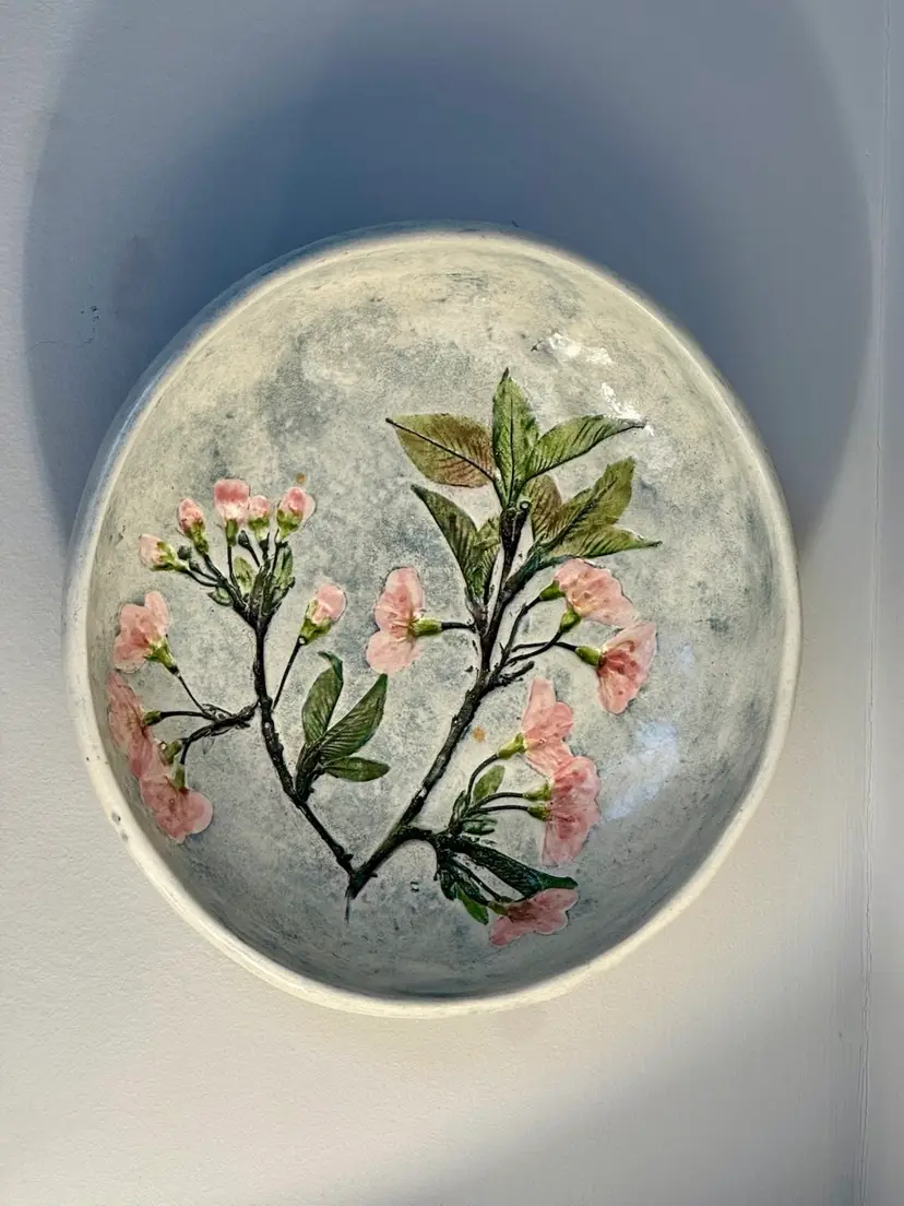 7” Salt Marsh Pottery Wall Hanging Plate with Pink Cherry Blossom design. Made in MA in 1968, dated & signed