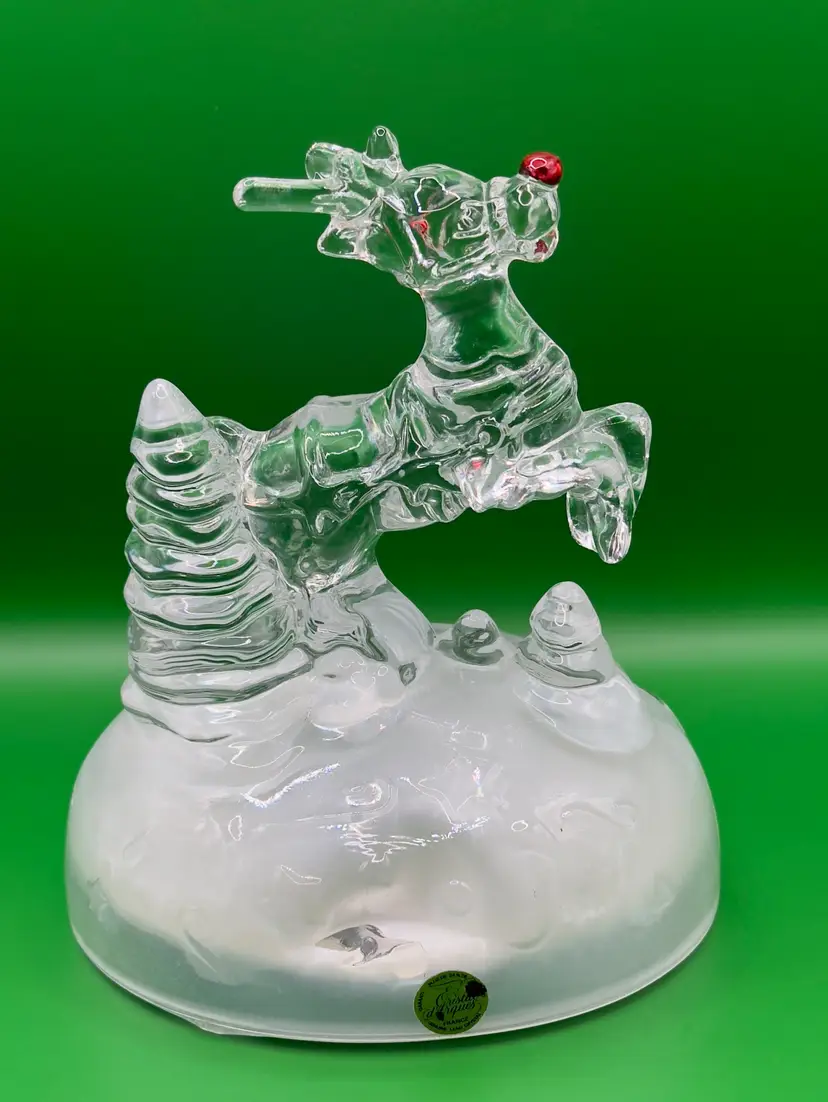 Vintage 2000 Cristal D’Arques Genuine Lead Crystal Christmas Reindeer Music Box, Plays “Rudolph The Red-Nosed Reindeer” Original Song From 1949, By The Rudolph Co.,L.P., Made In France