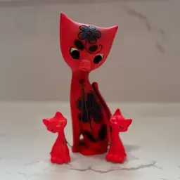 Vintage Rossini Made In Japan Neon Pink Cat Leashed To Her 2 Kittens 7.5”