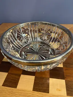 Vintage Raimond crystal serving bowl with silver-plated rim. 9” Round 4” High
