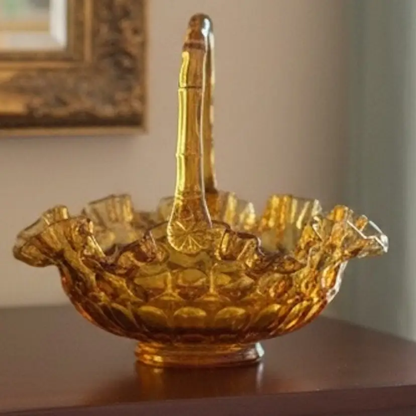 Fenton Art Glass Thumbprint pattern 8.5” w & 8” tall basket in Colonial Amber color, made between 1950s & 1970s