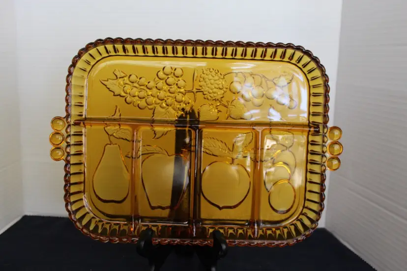 Vintage Indiana Glass Amber Divided 5 Part Relish Serving Dish Fruit Design
