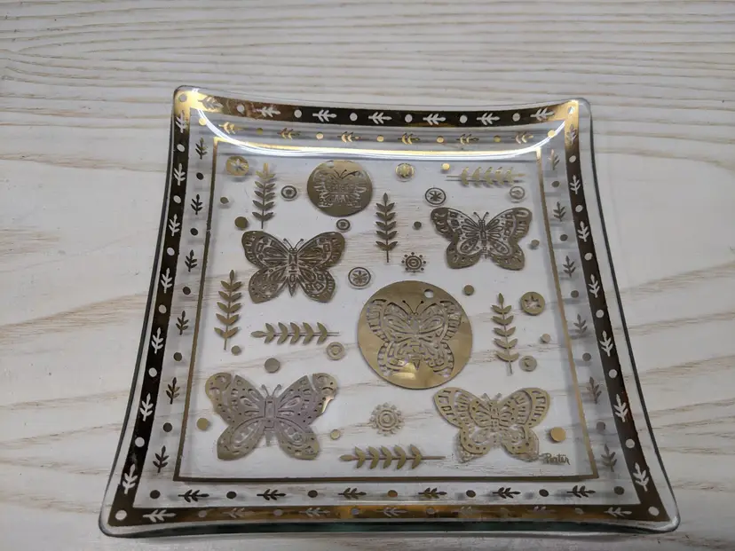 Vintage Square Gold Butterfly Glass Tray Trinket Ashtray Dish MCM Signed PORTER